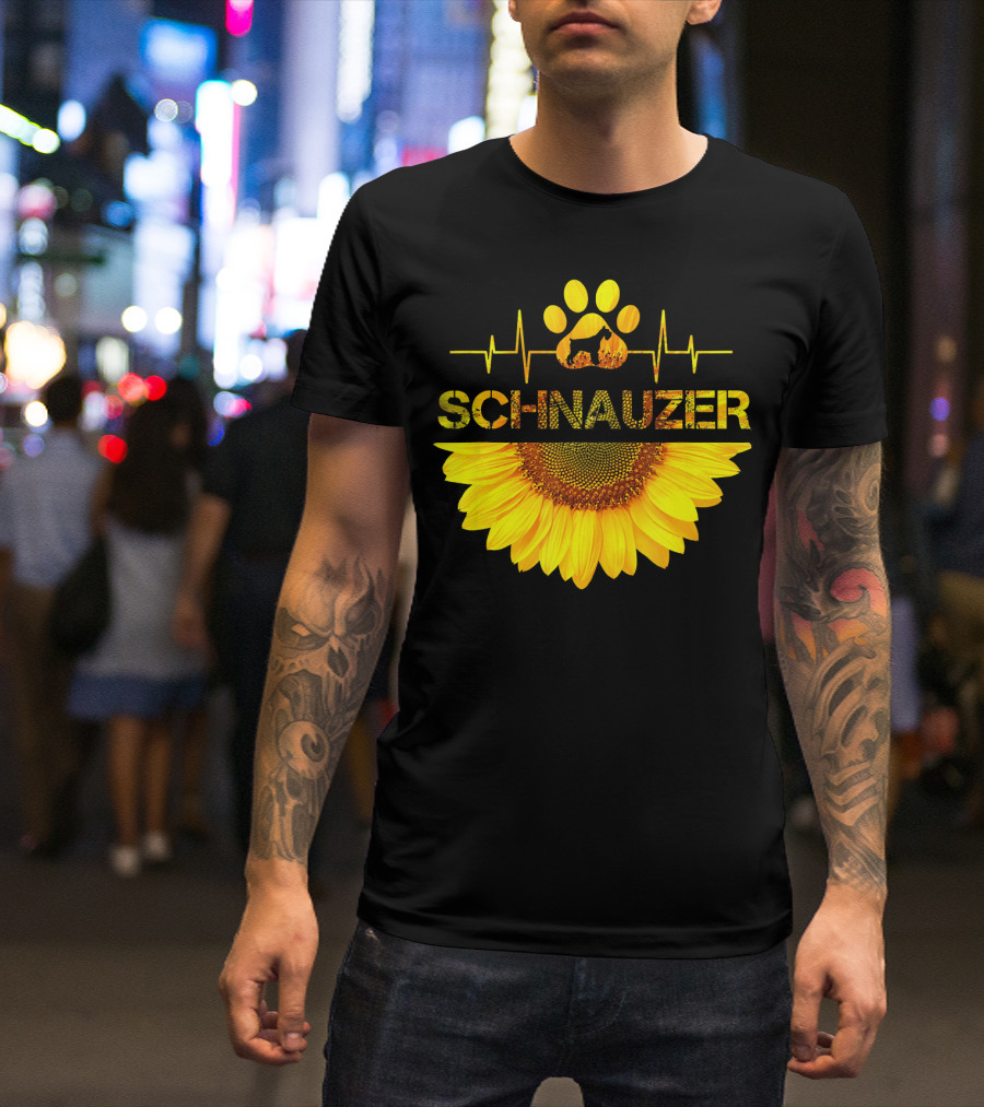 Schnauzer Heartbeat Paw Print Sunflower T-Shirt