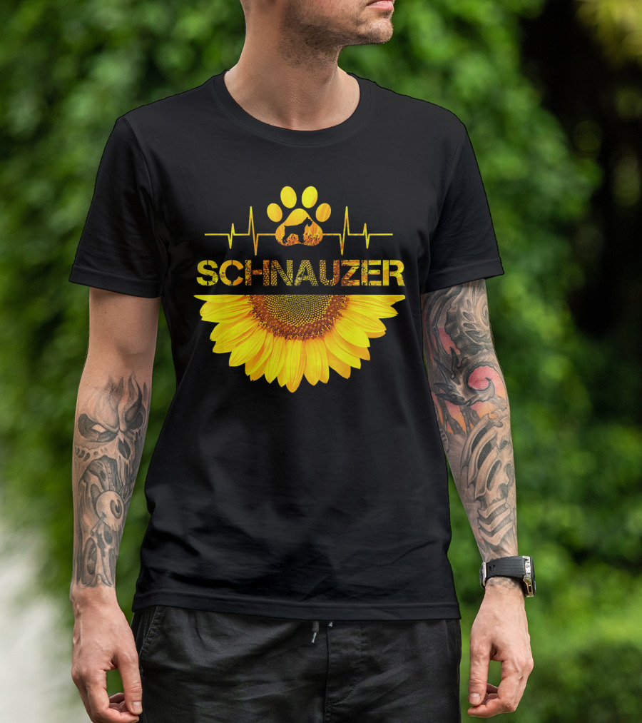 Schnauzer Heartbeat Paw Print Sunflower T-Shirt