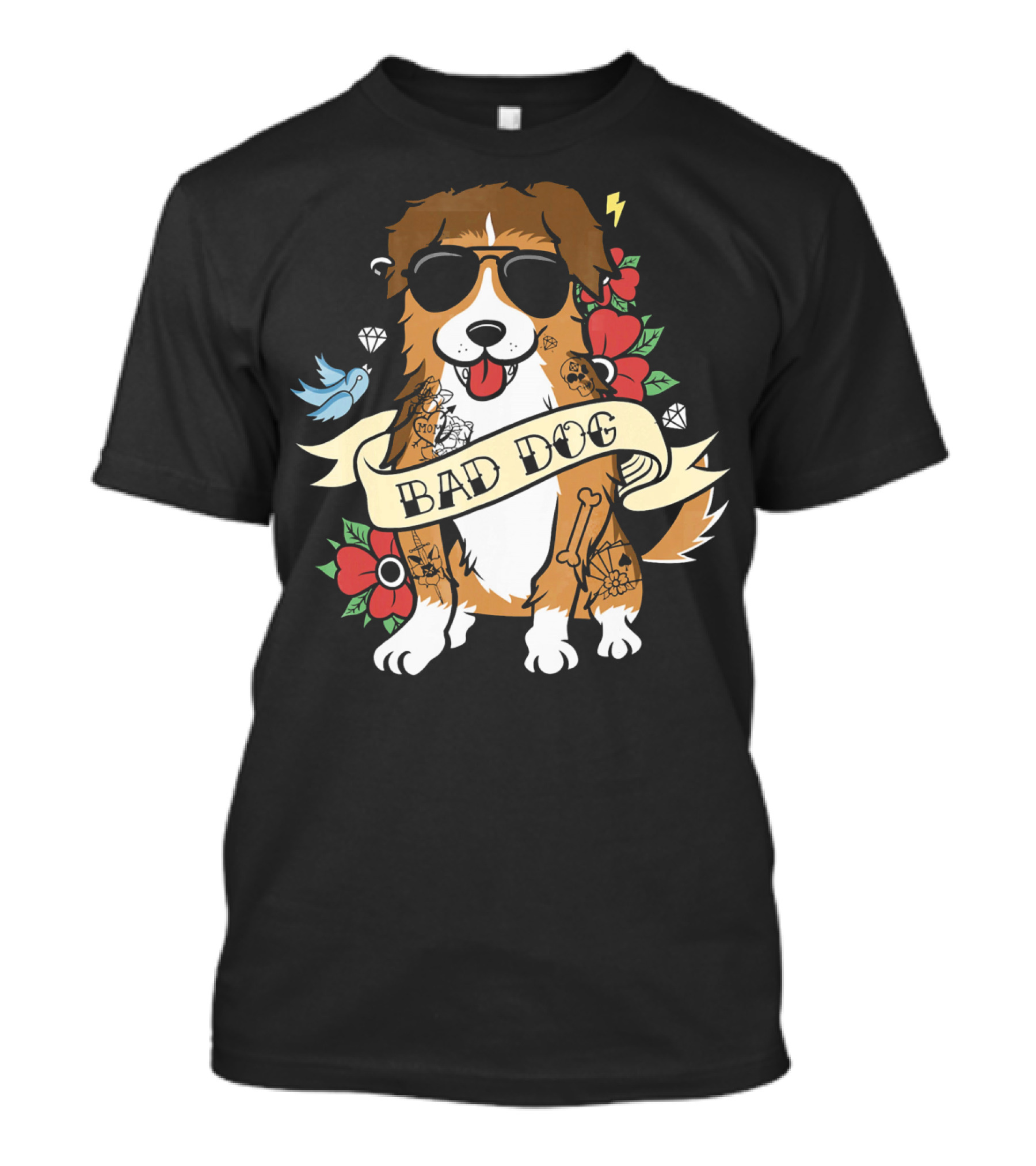Shetland Sheepdog Bad Dog Tattoo Style With Sunglasses And Flowers T-Shirt