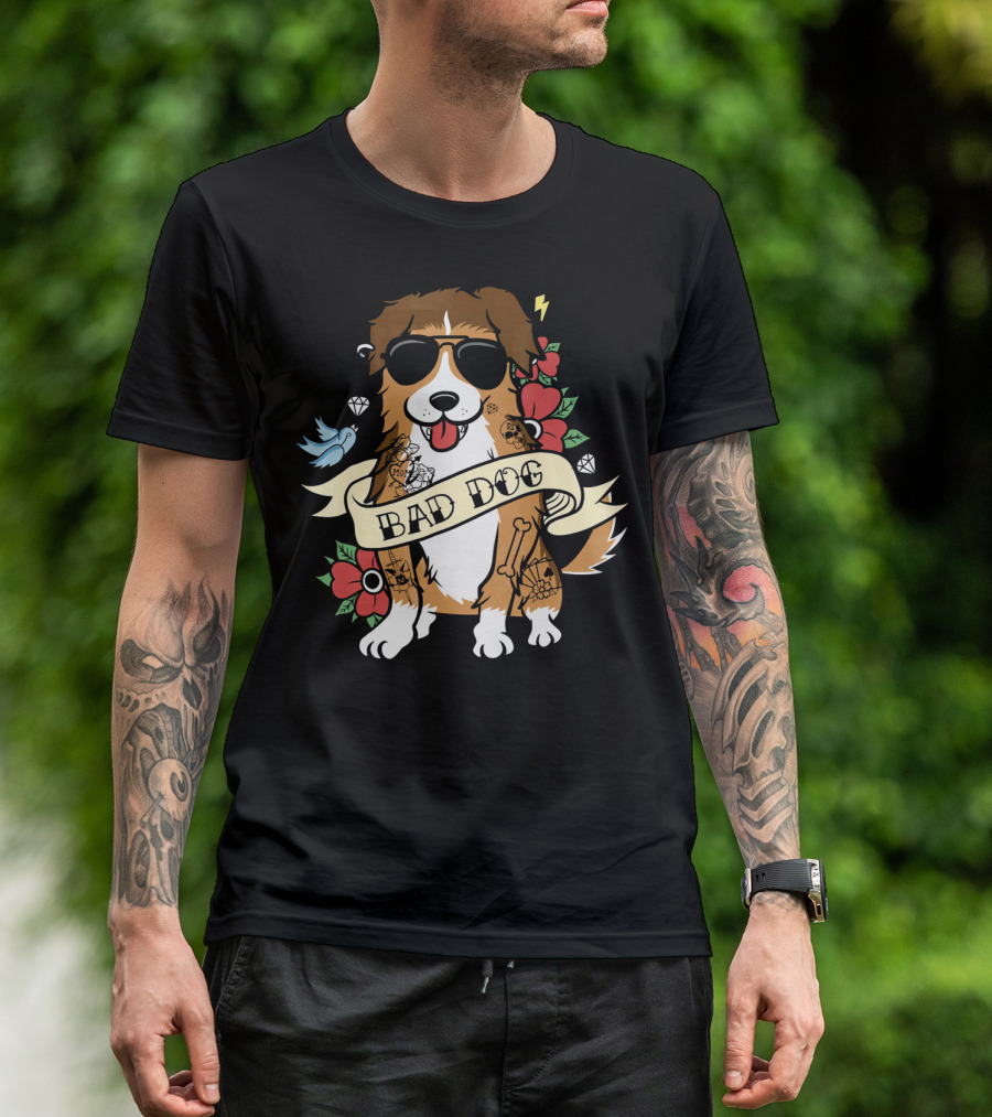 Shetland Sheepdog Bad Dog Tattoo Style With Sunglasses And Flowers T-Shirt