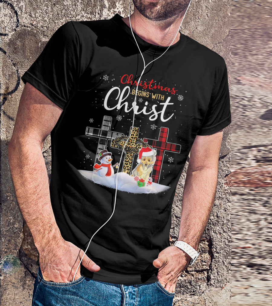 Christmas Begins With Christ Snowman And Sheltie Dog T-Shirt