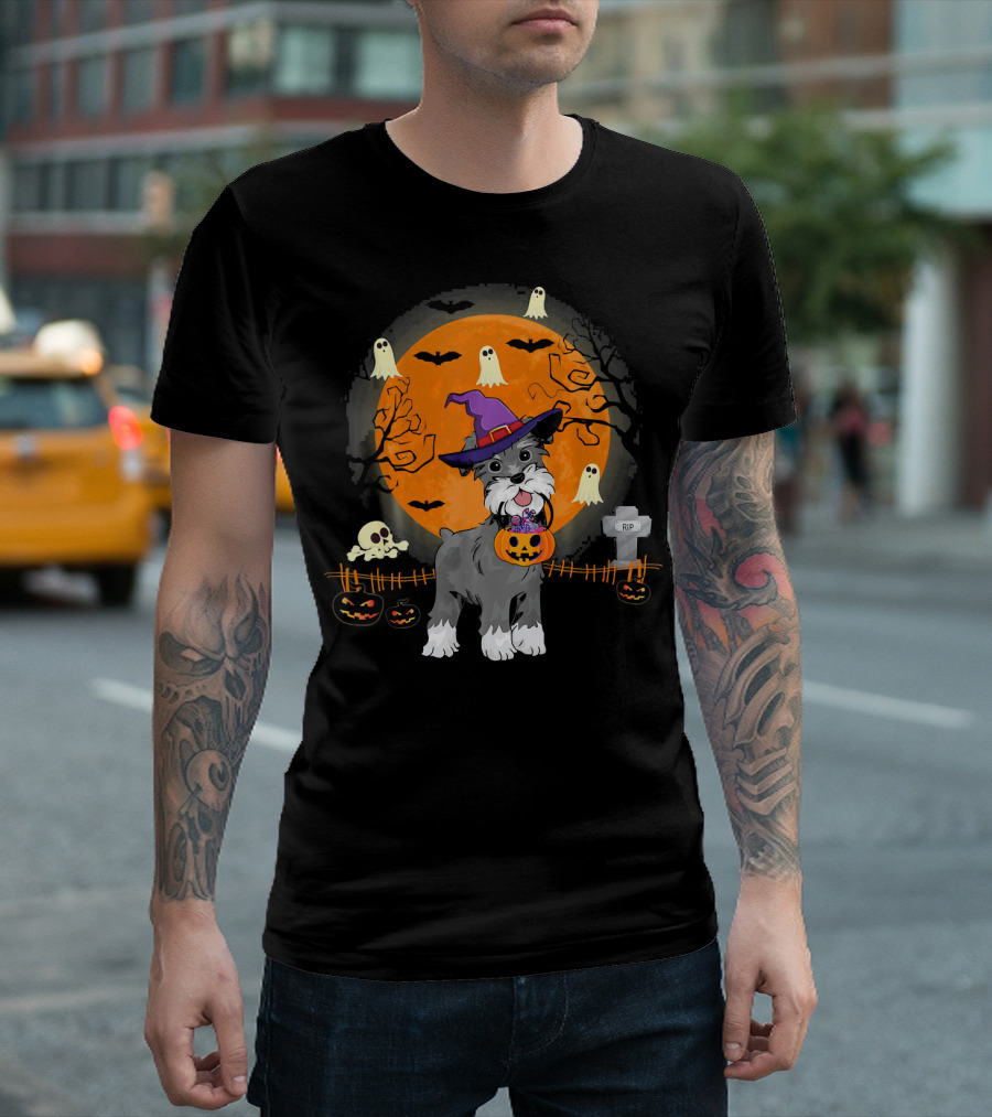 Schnauzer Dog Witch Halloween Pumpkin Ghosts Bats Moon Tombstone T-Shirt