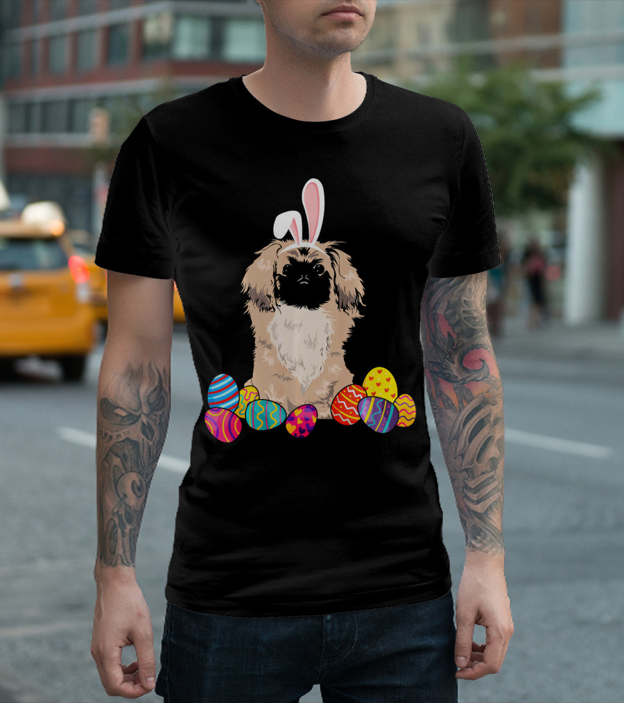 Pekingese With Bunny Ears Surrounded By Colorful Easter Eggs T-Shirt