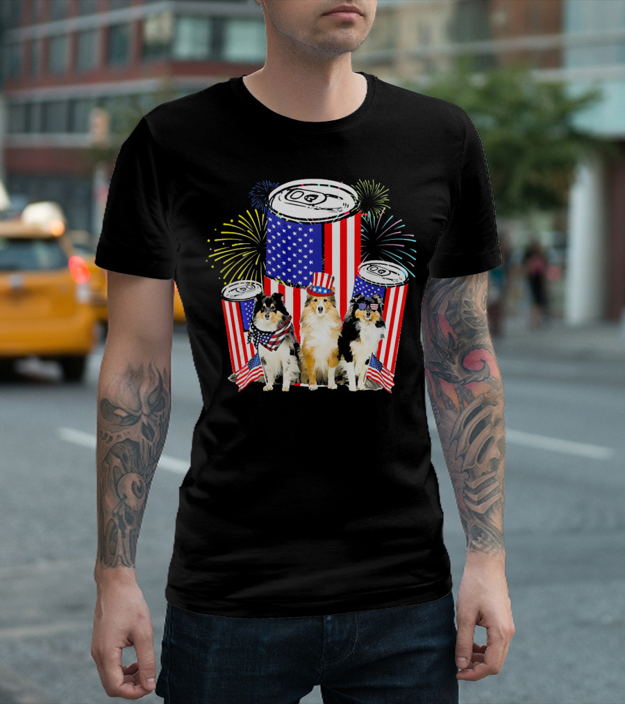 Patriotic Sheltie Mini Flag USA Fireworks T-Shirt