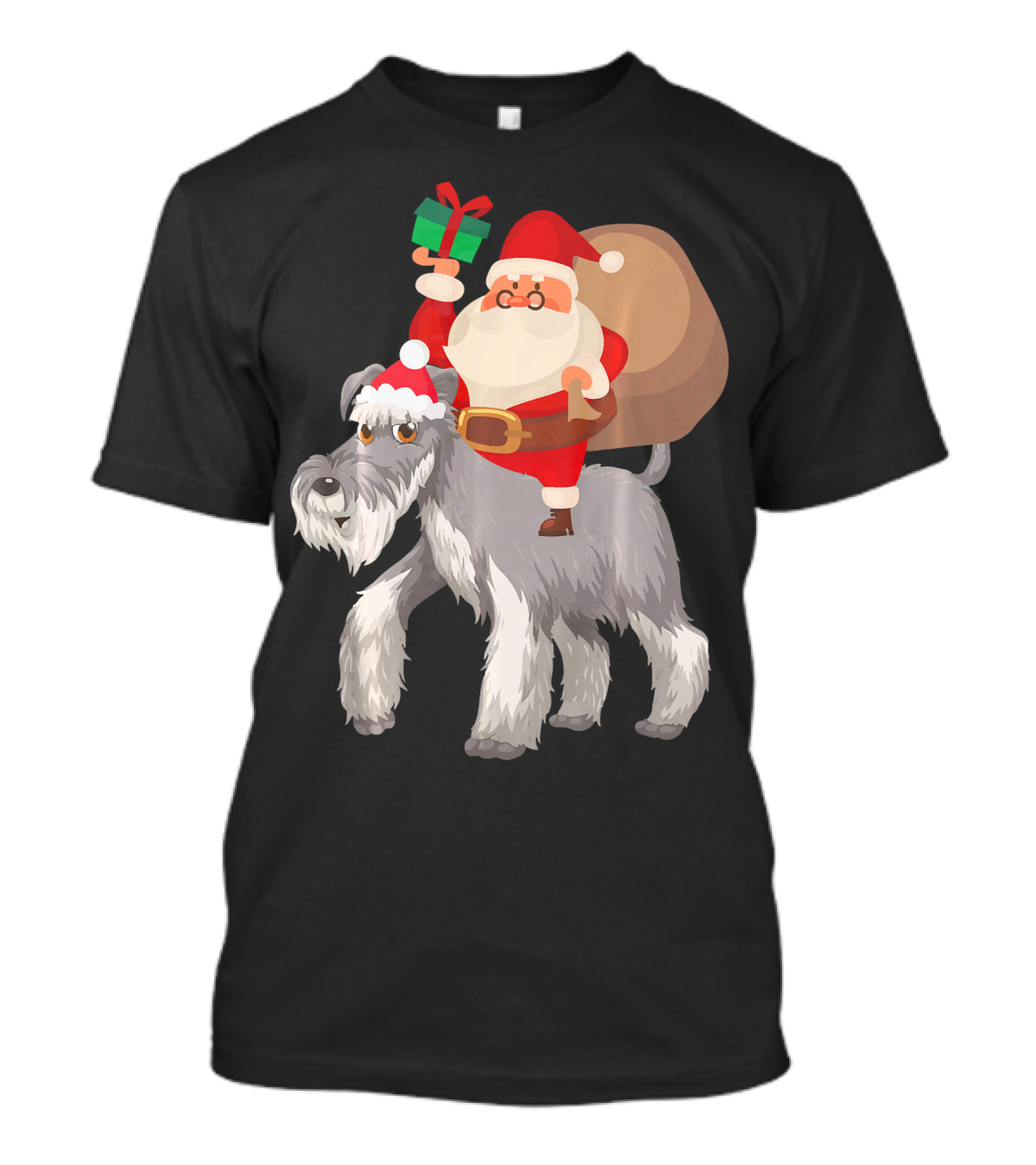 Santa Claus Riding A Miniature Schnauzer With Gift And Sack T-Shirt