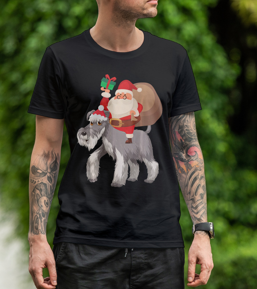 Santa Claus Riding A Miniature Schnauzer With Gift And Sack T-Shirt
