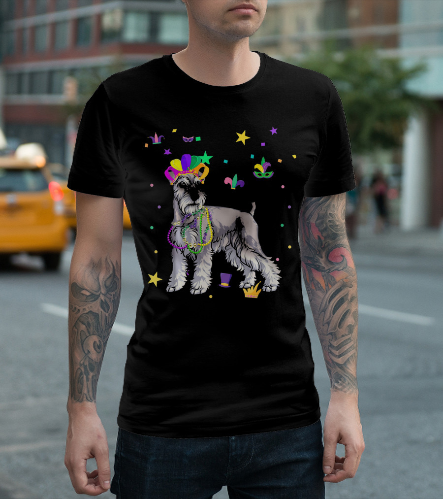 Miniature Schnauzer Dog in Colorful Mardi Gras Celebration with Beads and Festive Decorations T-Shirt