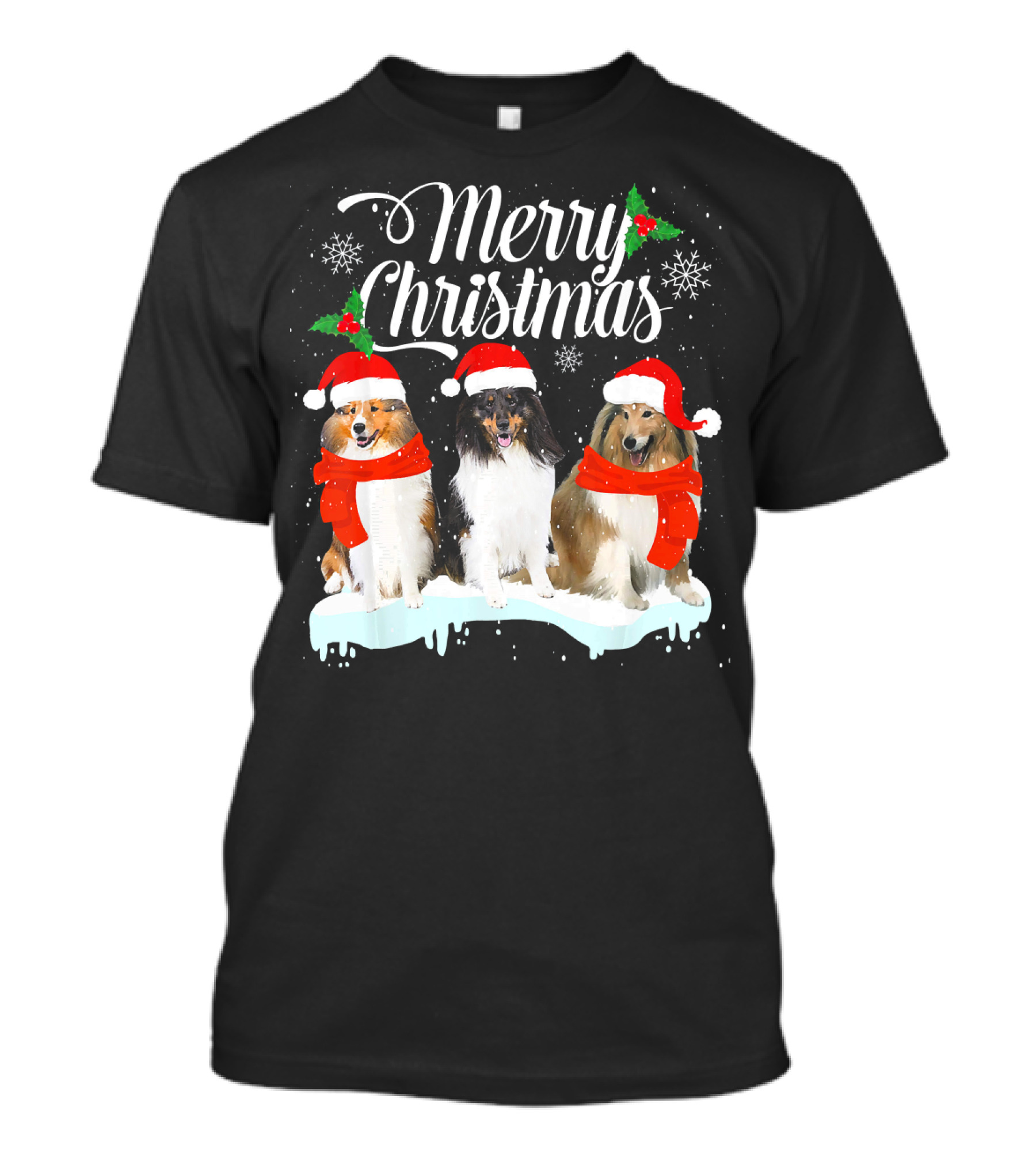Merry Christmas Sheltie Dog Puppy Santa Hat Snowflakes T-Shirt