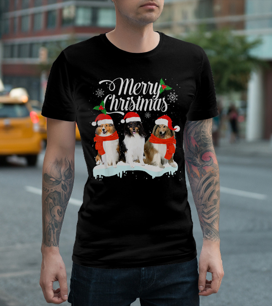 Merry Christmas Sheltie Dog Puppy Santa Hat Snowflakes T-Shirt