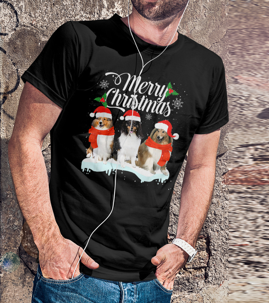 Merry Christmas Sheltie Dog Puppy Santa Hat Snowflakes T-Shirt