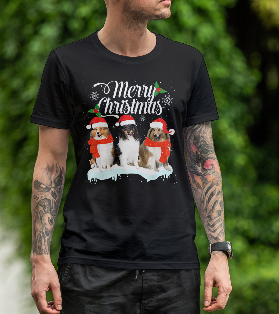 Merry Christmas Sheltie Dog Puppy Santa Hat Snowflakes T-Shirt
