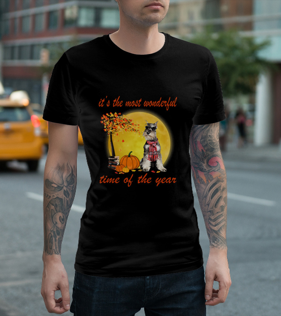 It's The Most Wonderful Time Of The Year Schnauzer Dog With Autumn Leaves And Pumpkins T-Shirt