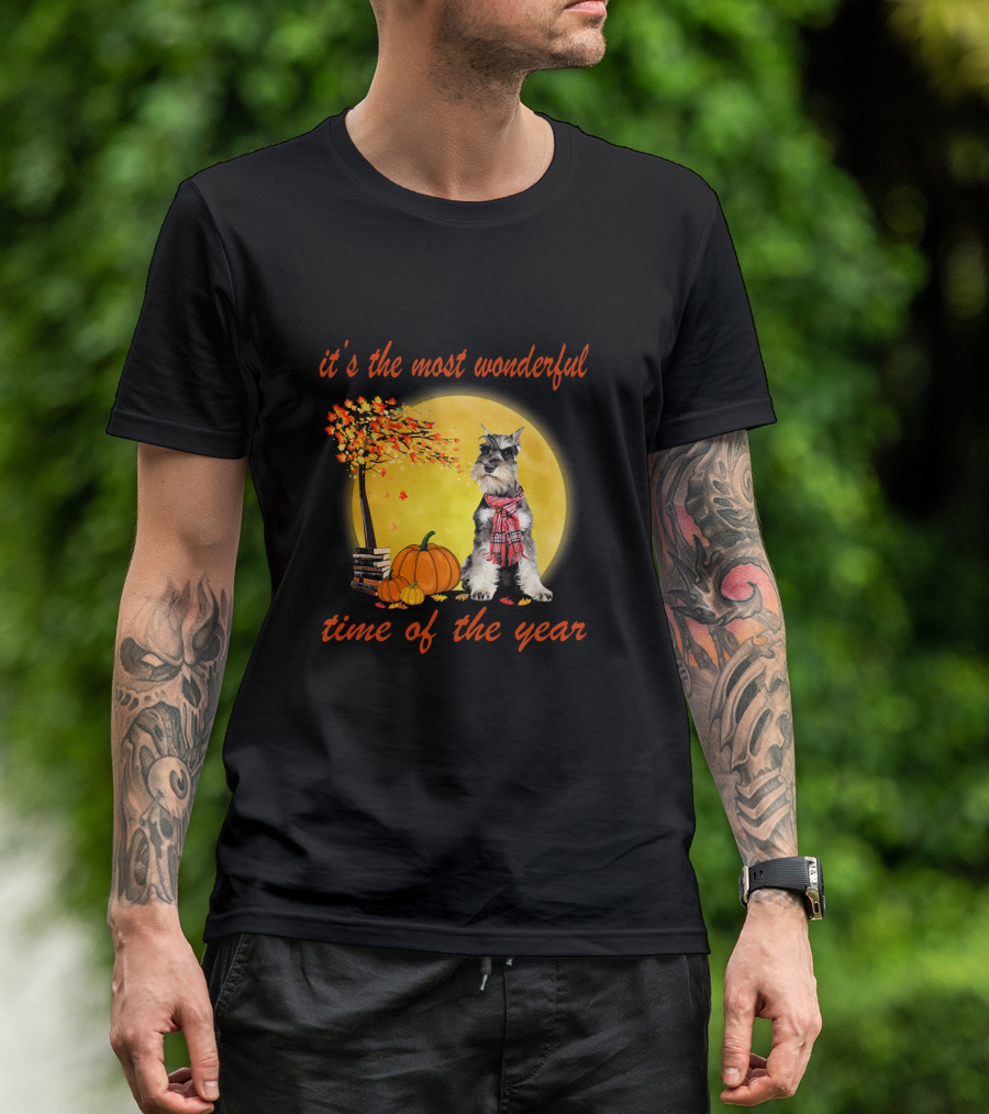 It's The Most Wonderful Time Of The Year Schnauzer Dog With Autumn Leaves And Pumpkins T-Shirt