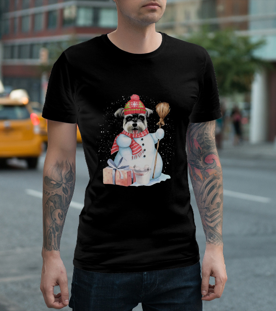 Miniature Schnauzer Snowman Night with Gifts and Broom T-Shirt