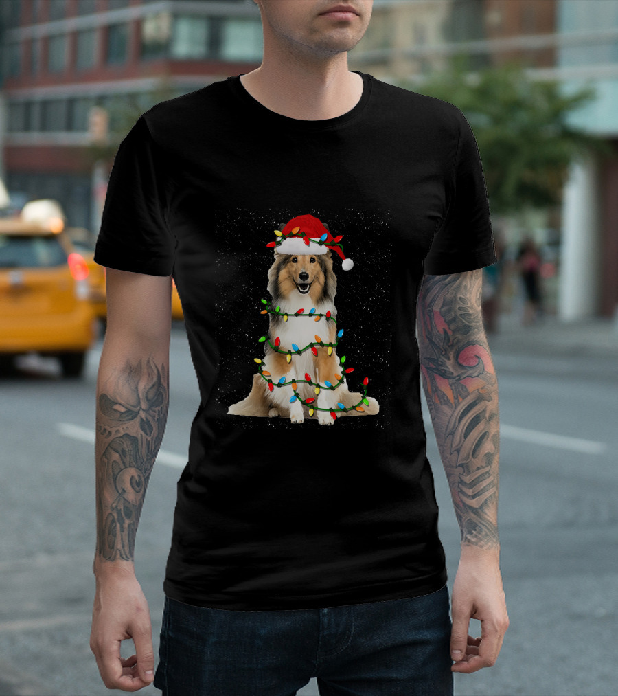 Sheltie Dog Wrapped in Christmas Lights with Santa Hat T-Shirt