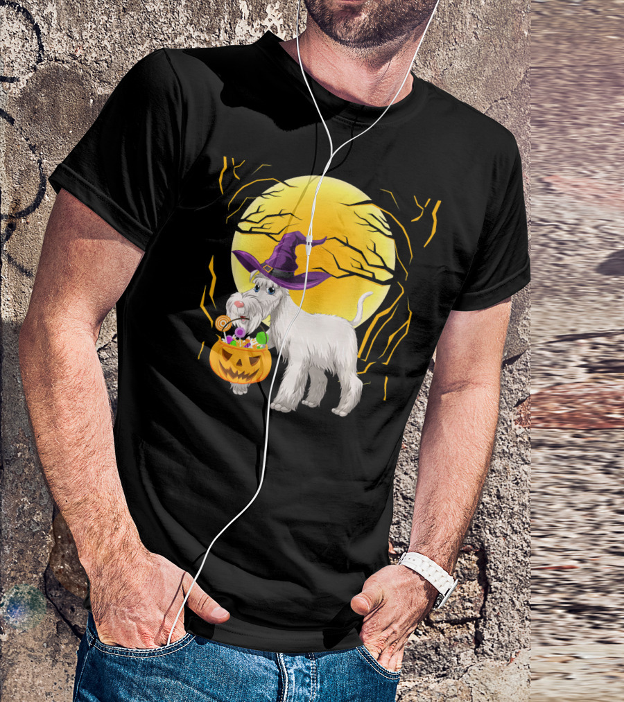 Schnauzer Dog Costume Halloween Funny Witch Moon Candy T-Shirt