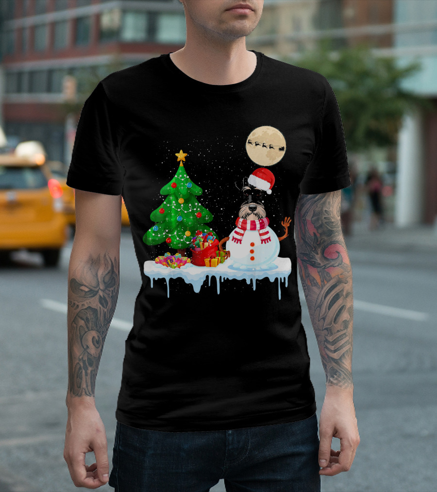 Schnauzer Snowman Christmas Tree Santa Moon Sleigh Holiday Scene T-Shirt
