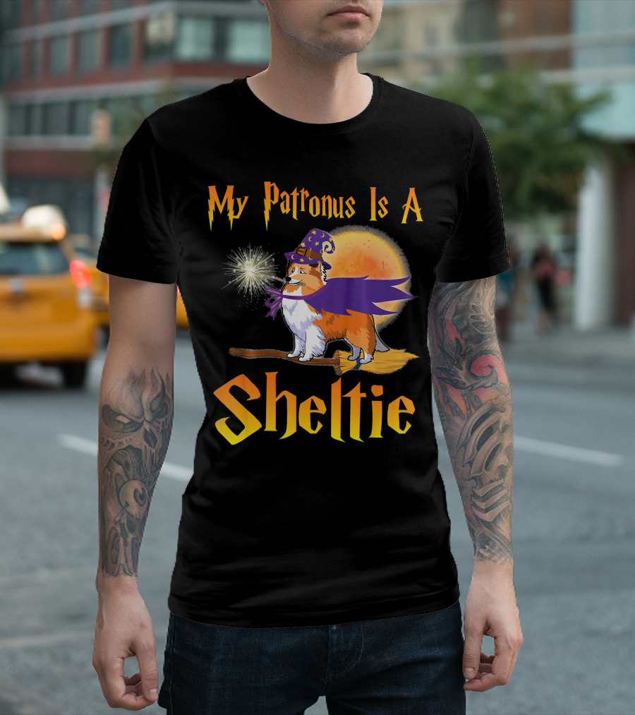 My Patronus Is A Sheltie Witch Flying Broom Moon T-Shirt