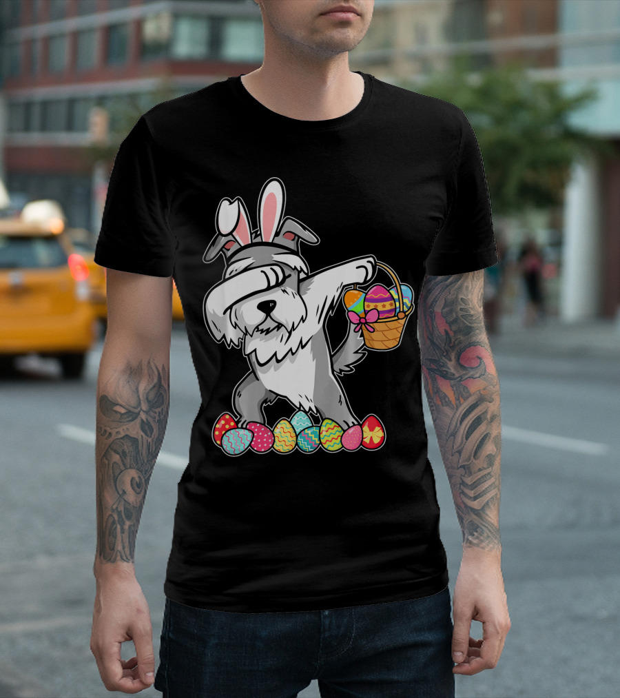 Miniature Schnauzer Dabbing With Easter Bunny Ears And Egg Basket T-Shirt