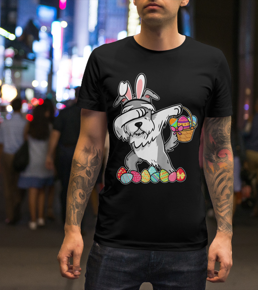 Miniature Schnauzer Dabbing With Easter Bunny Ears And Egg Basket T-Shirt