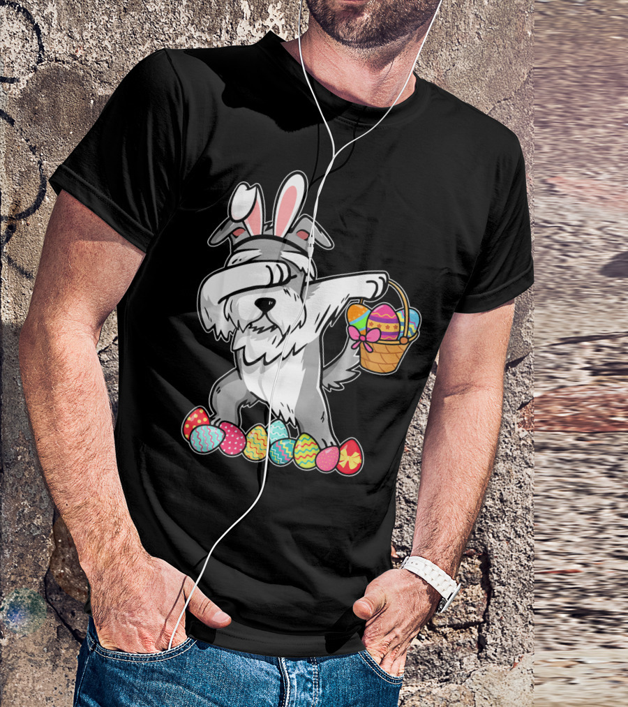 Miniature Schnauzer Dabbing With Easter Bunny Ears And Egg Basket T-Shirt
