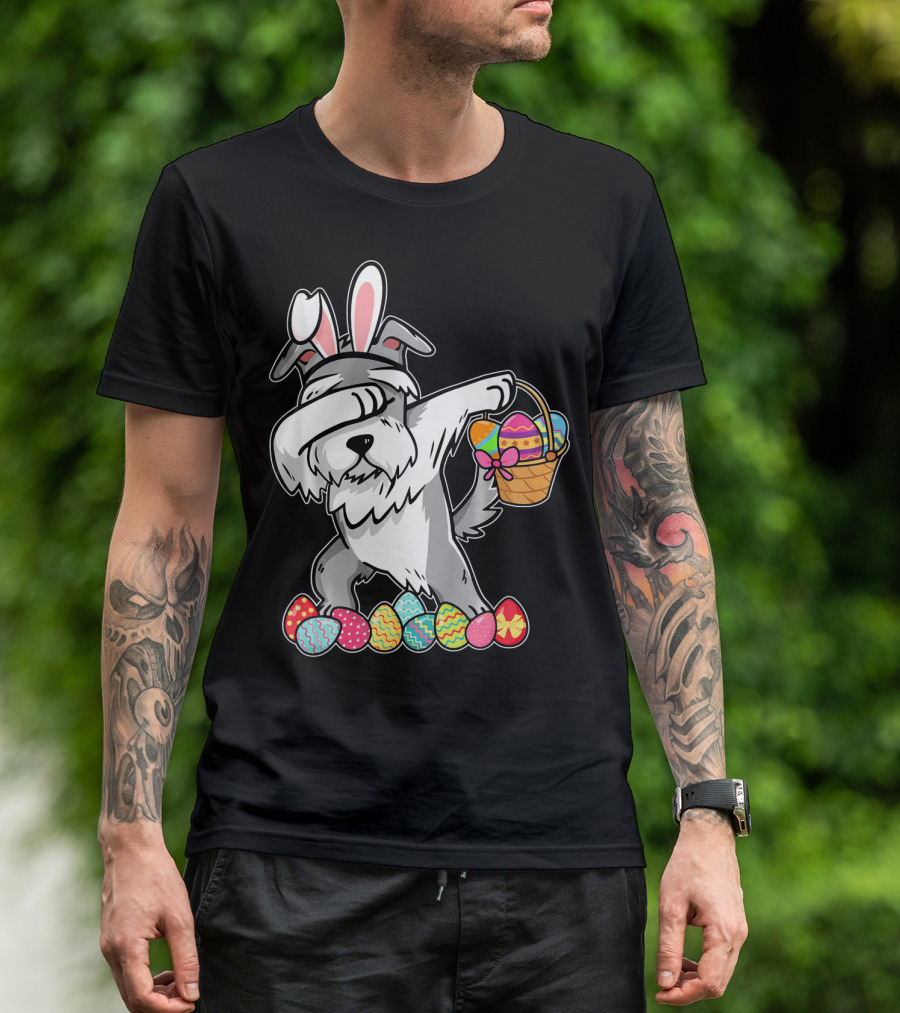 Miniature Schnauzer Dabbing With Easter Bunny Ears And Egg Basket T-Shirt