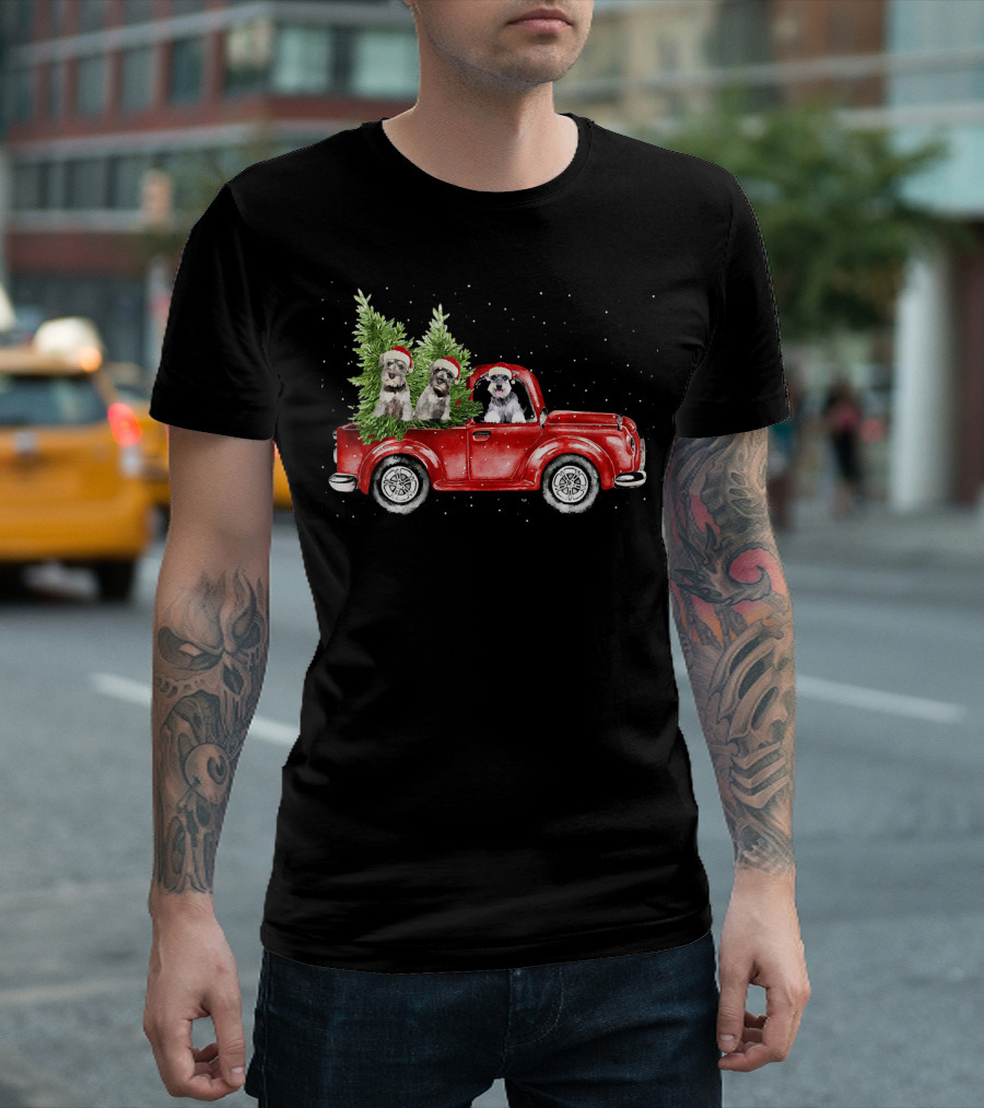 Schnauzer Dogs Drive Red Truck with Christmas Trees and Santa Hats T-Shirt