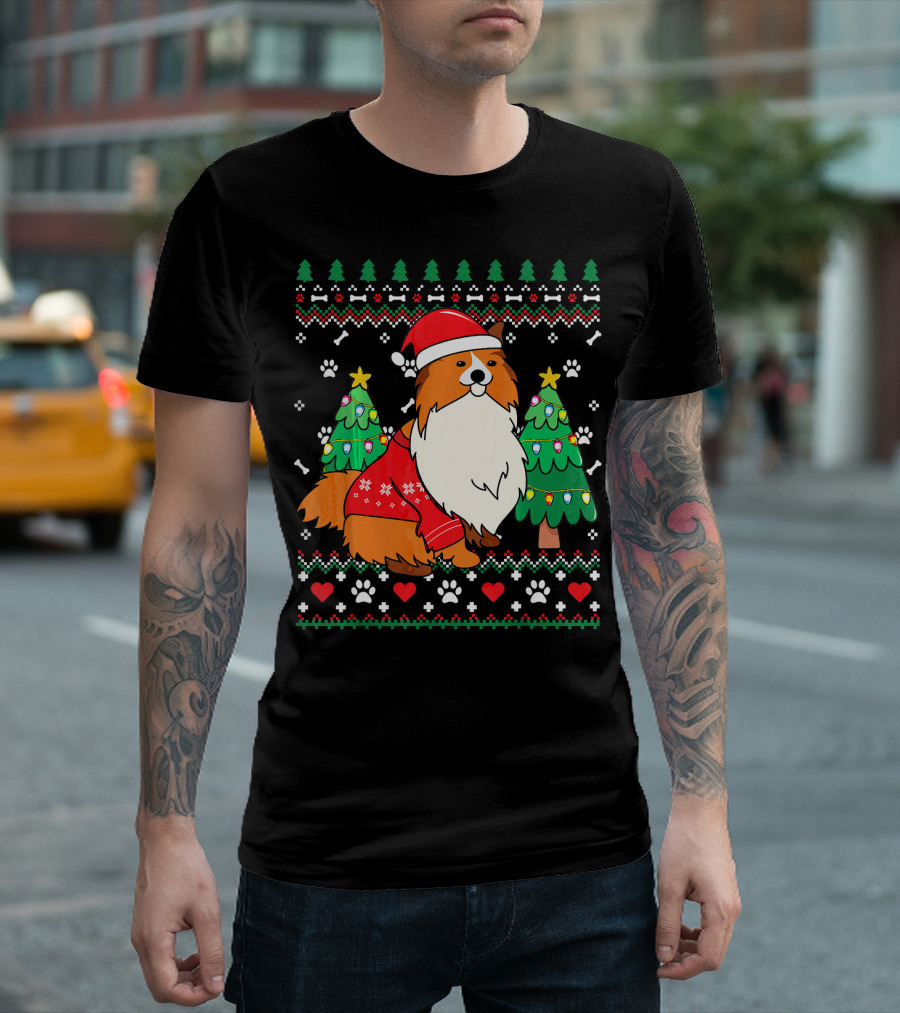 Sheltie Shetland Sheepdog Christmas Ornament with Santa Hat and Festive Trees T-Shirt