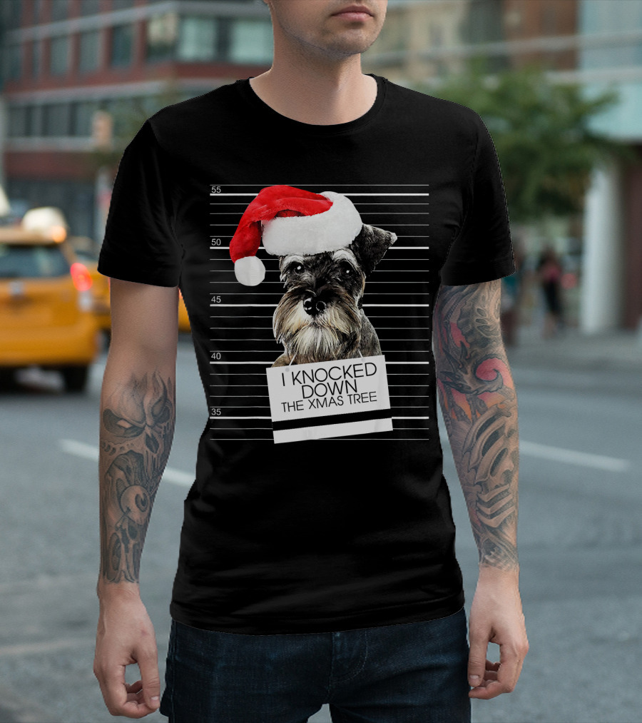 Schnauzer Dog I Knocked Down The Xmas Tree Mugshot Santa Hat T-Shirt