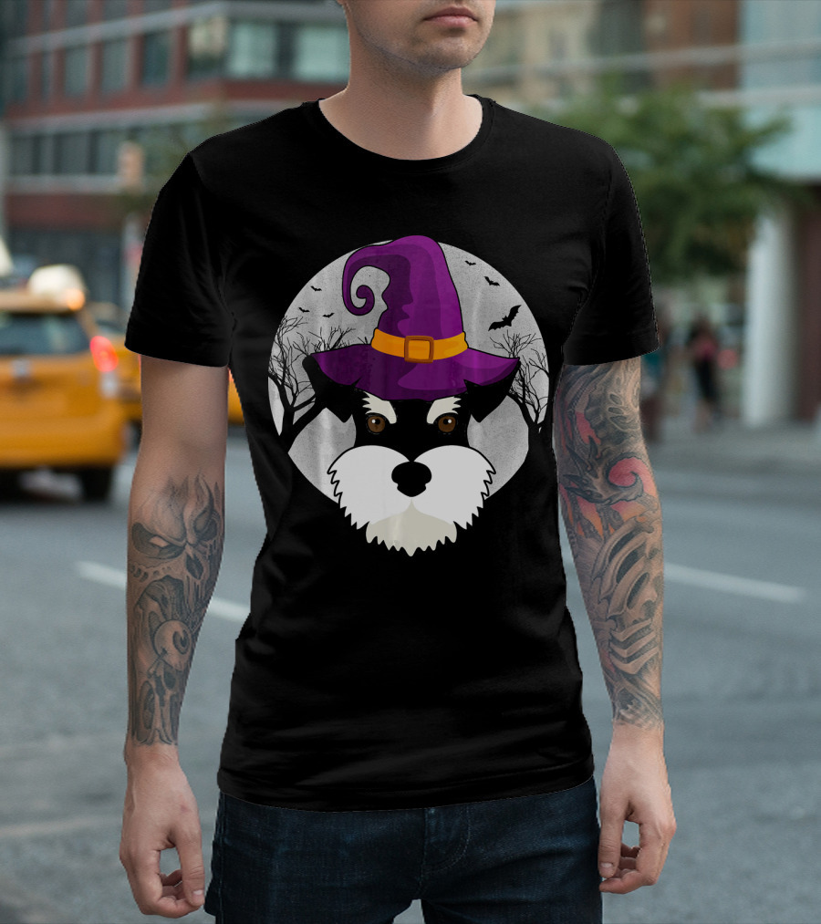 Schnauzer Witch Halloween Dog Love with Purple Hat and Bats T-Shirt