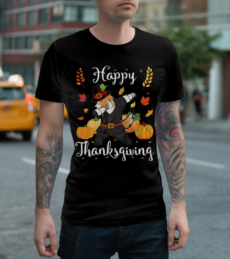 Happy Thanksgiving Sheltie Pilgrim Dabbing with Pumpkins and Autumn Leaves T-Shirt