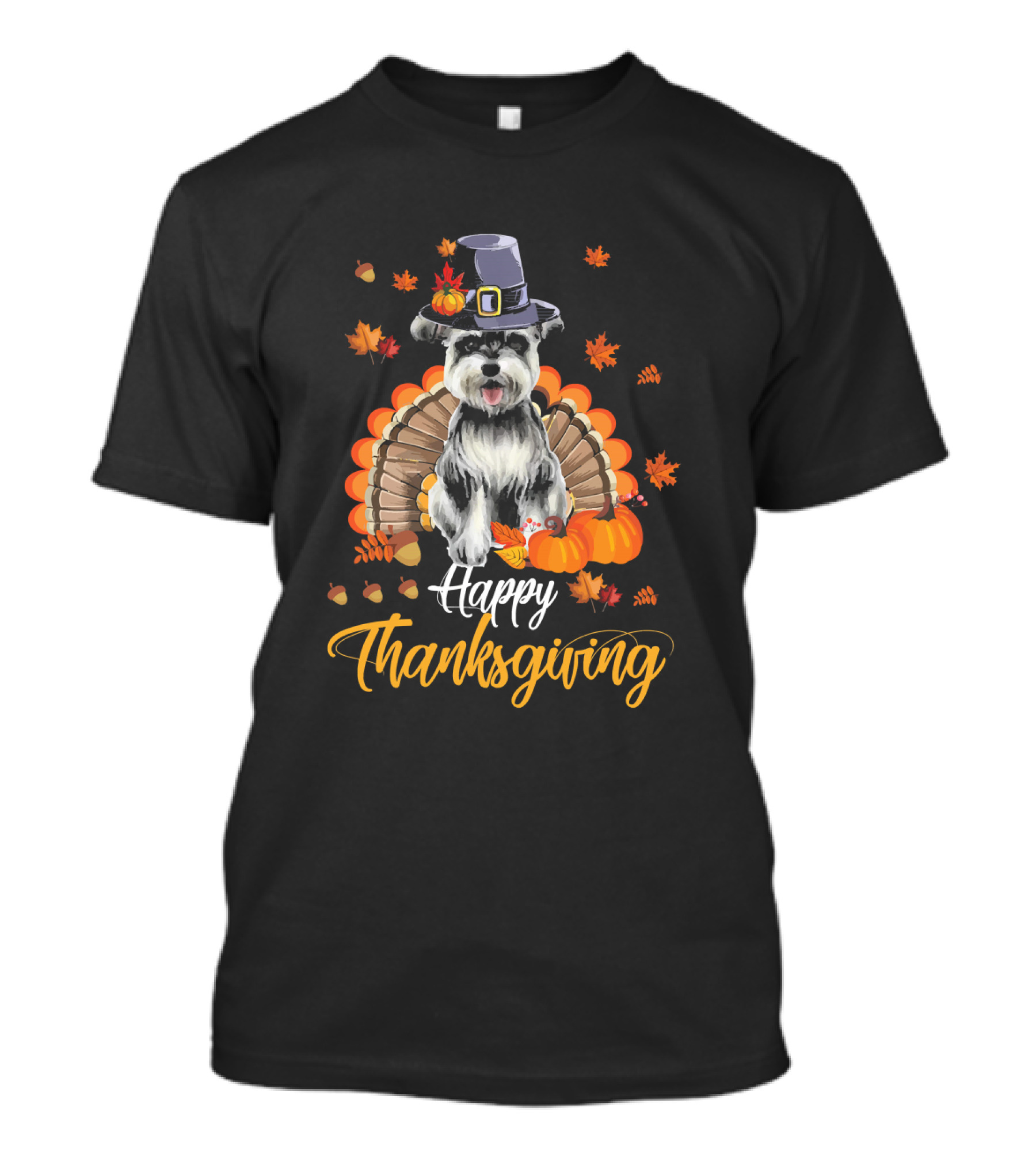 Schnauzer Thanksgiving Pilgrim Hat Turkey Autumn Leaves Pumpkins T-Shirt