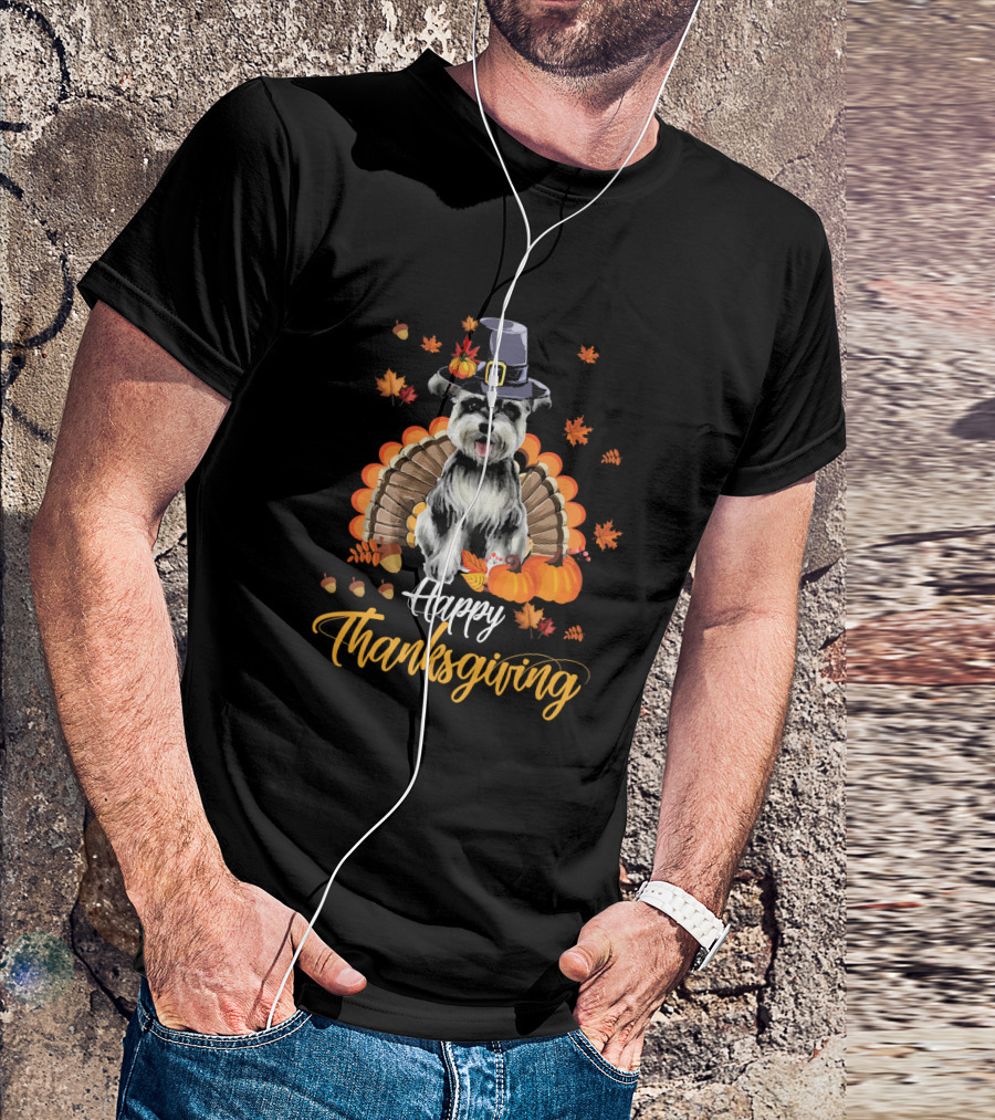 Schnauzer Thanksgiving Pilgrim Hat Turkey Autumn Leaves Pumpkins T-Shirt