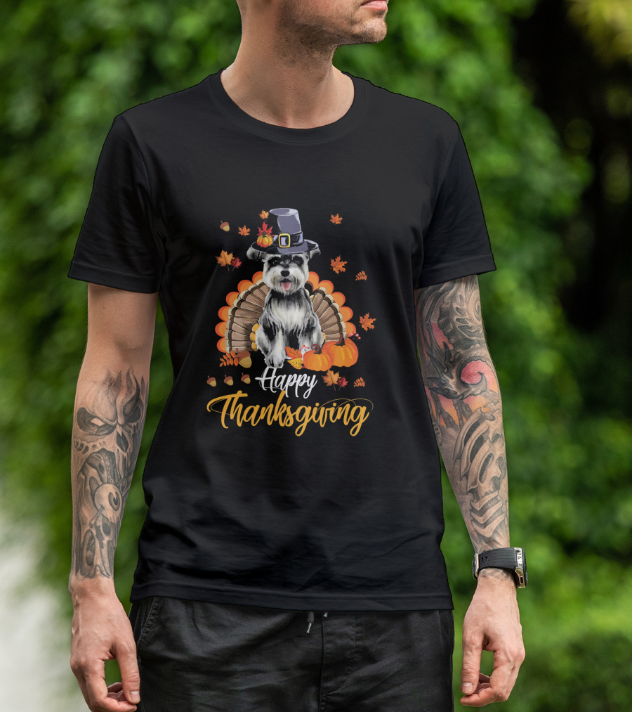 Schnauzer Thanksgiving Pilgrim Hat Turkey Autumn Leaves Pumpkins T-Shirt