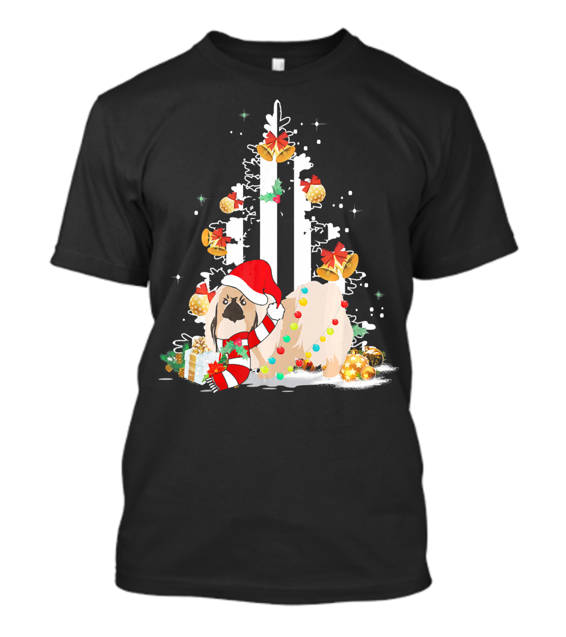 Pekingese With Santa Hat And Christmas Gifts Beside Festive Tree T-Shirt