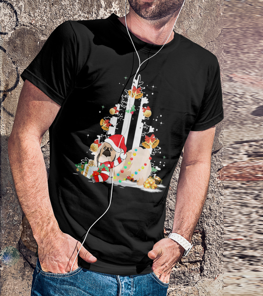 Pekingese With Santa Hat And Christmas Gifts Beside Festive Tree T-Shirt