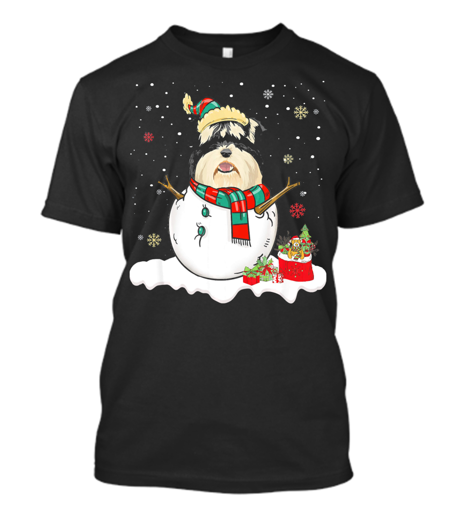 Miniature Schnauzer Lover Merry Christmas Snowman Holiday Scene T-Shirt