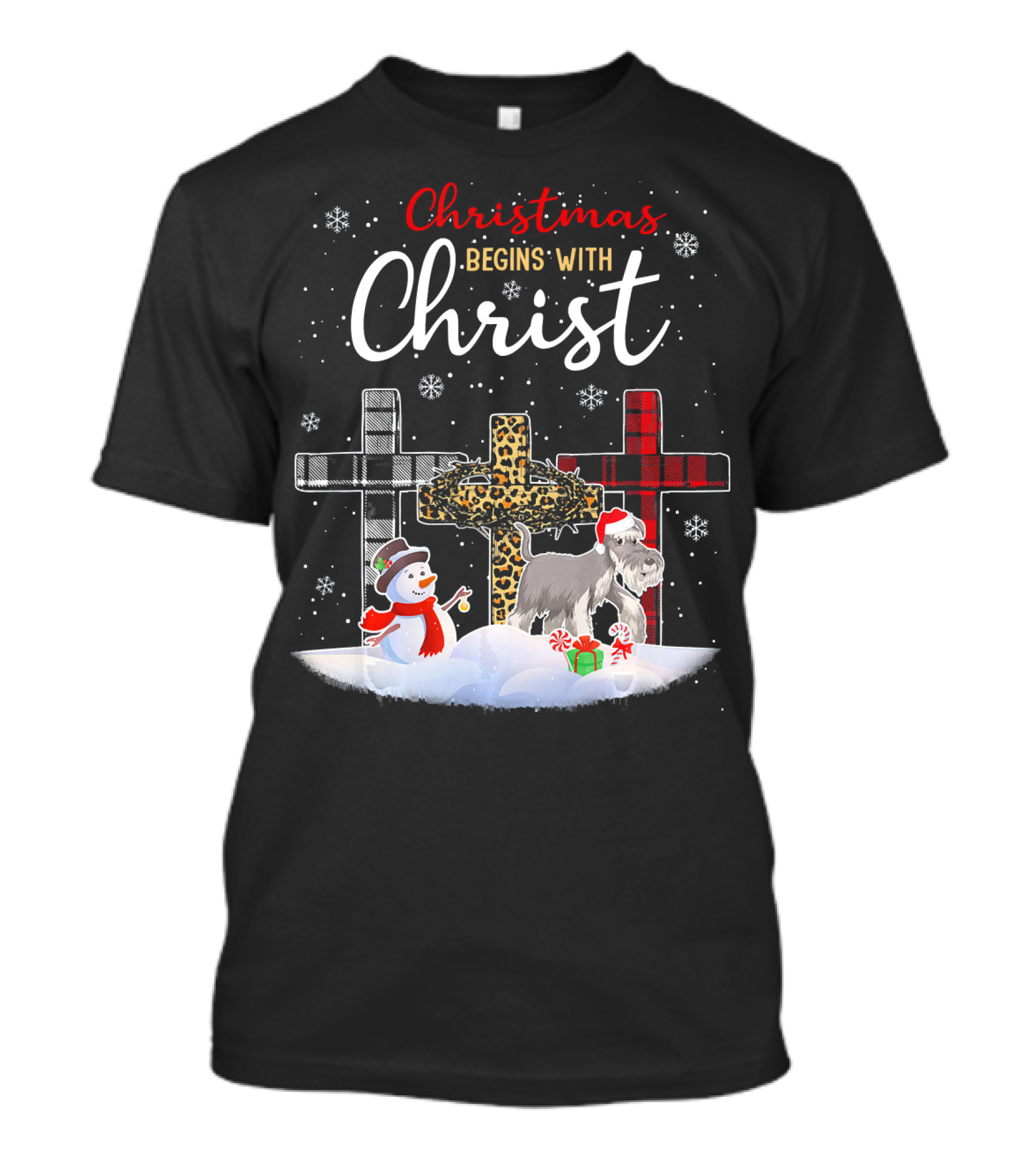 Christmas Begins With Christ Schnauzer Snowman Crosses T-Shirt