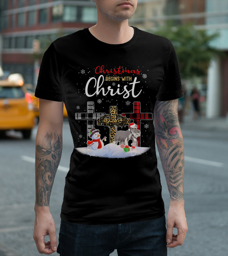 Christmas Begins With Christ Schnauzer Snowman Crosses T-Shirt