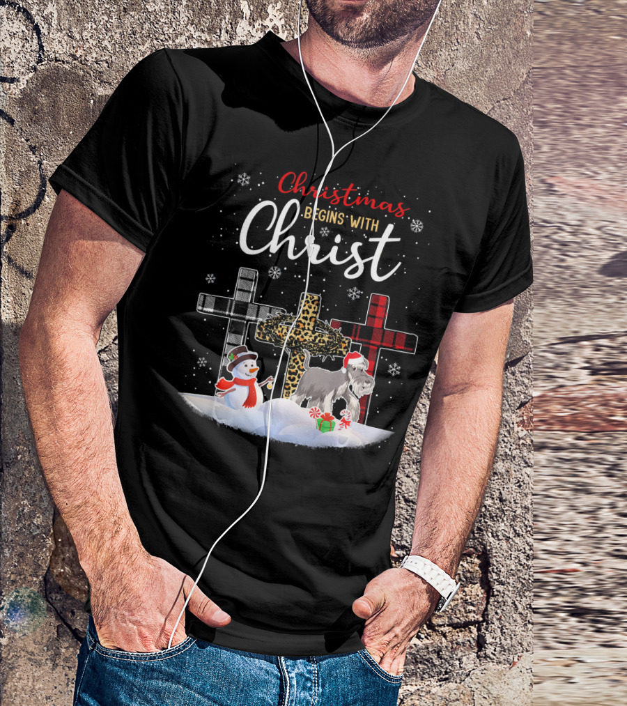 Christmas Begins With Christ Schnauzer Snowman Crosses T-Shirt