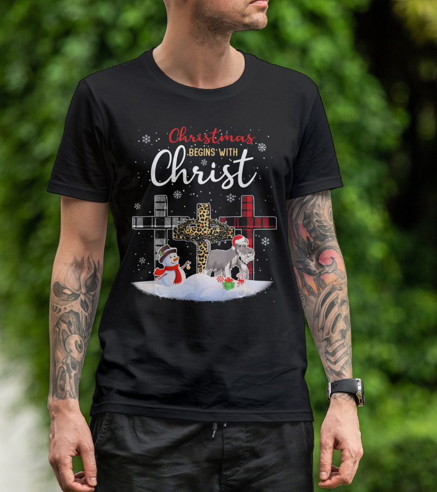 Christmas Begins With Christ Schnauzer Snowman Crosses T-Shirt
