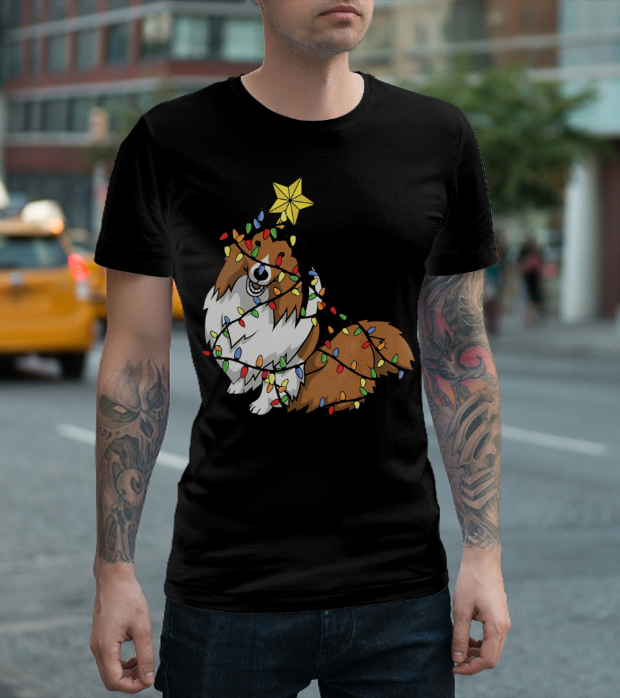 Xmas Tree Shetland Sheepdog Wrapped In Holiday Lights T-Shirt