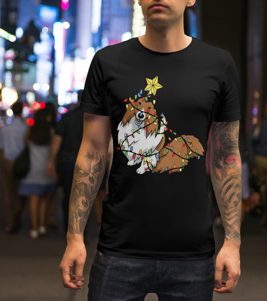 Xmas Tree Shetland Sheepdog Wrapped In Holiday Lights T-Shirt