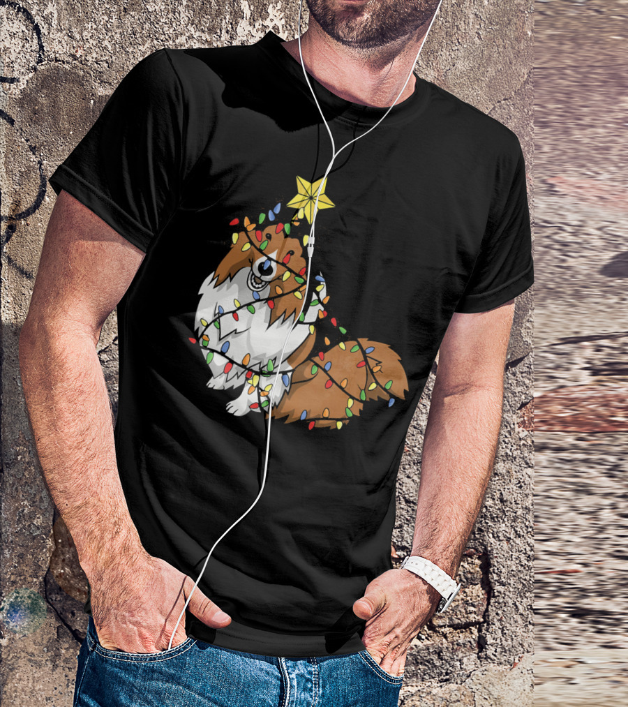 Xmas Tree Shetland Sheepdog Wrapped In Holiday Lights T-Shirt