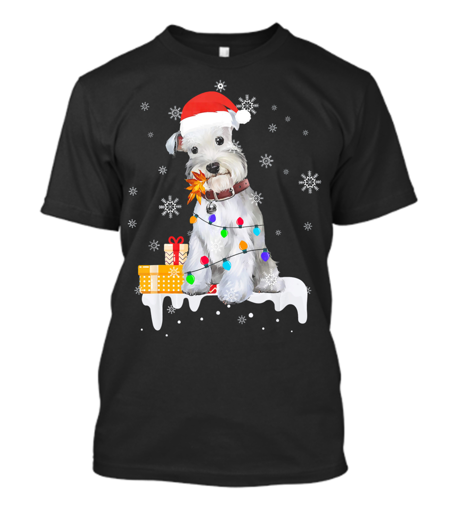 Santa Schnauzer Christmas Lights Presents Snowflakes T-Shirt