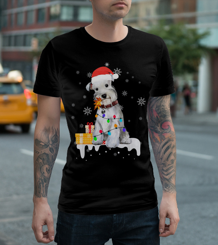 Santa Schnauzer Christmas Lights Presents Snowflakes T-Shirt