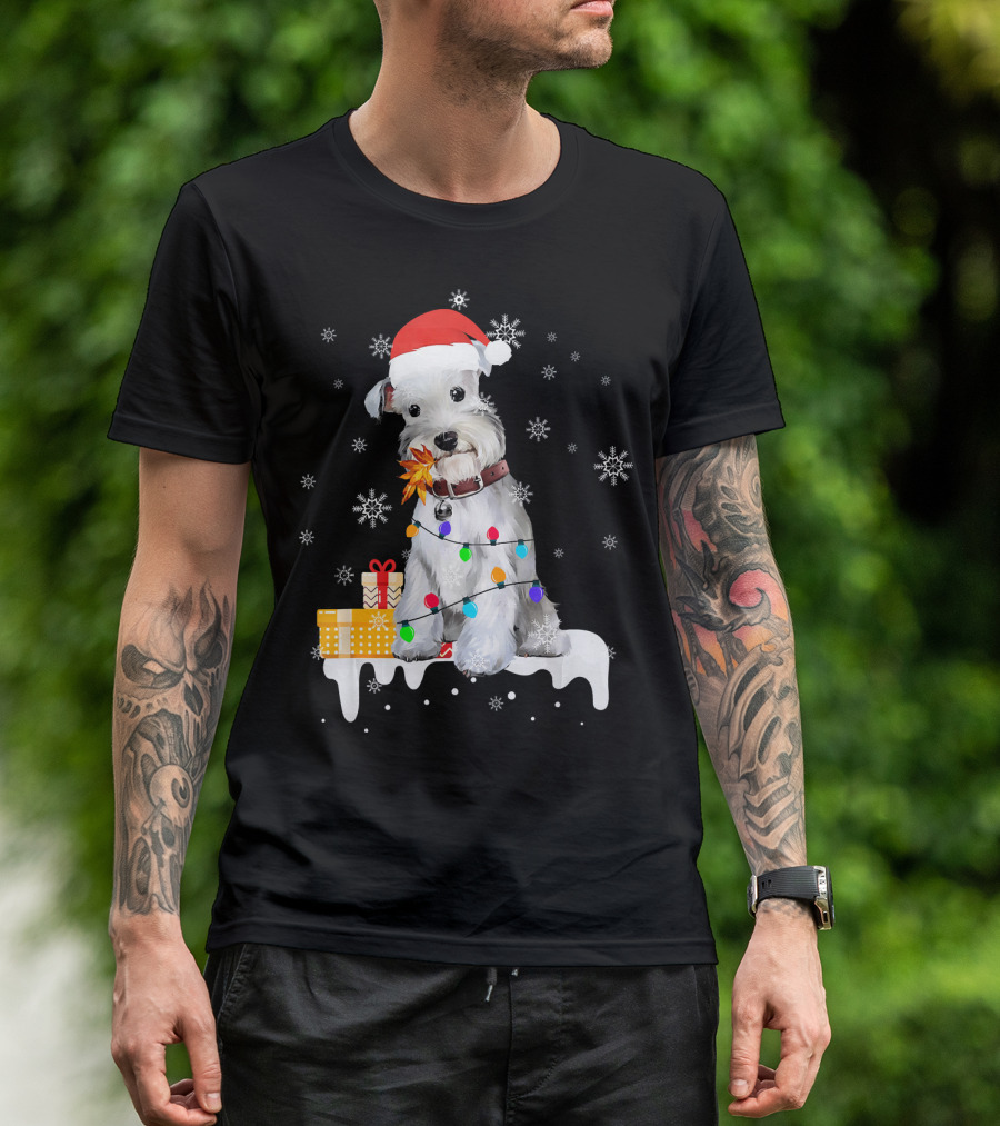 Santa Schnauzer Christmas Lights Presents Snowflakes T-Shirt