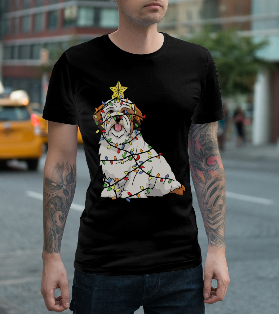 Xmas Tree Lhasa Apso Dog Lover Wrapped In Christmas Lights T-Shirt