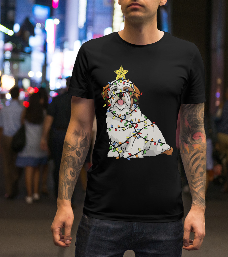 Xmas Tree Lhasa Apso Dog Lover Wrapped In Christmas Lights T-Shirt