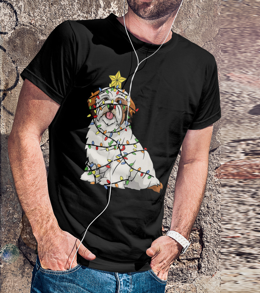 Xmas Tree Lhasa Apso Dog Lover Wrapped In Christmas Lights T-Shirt